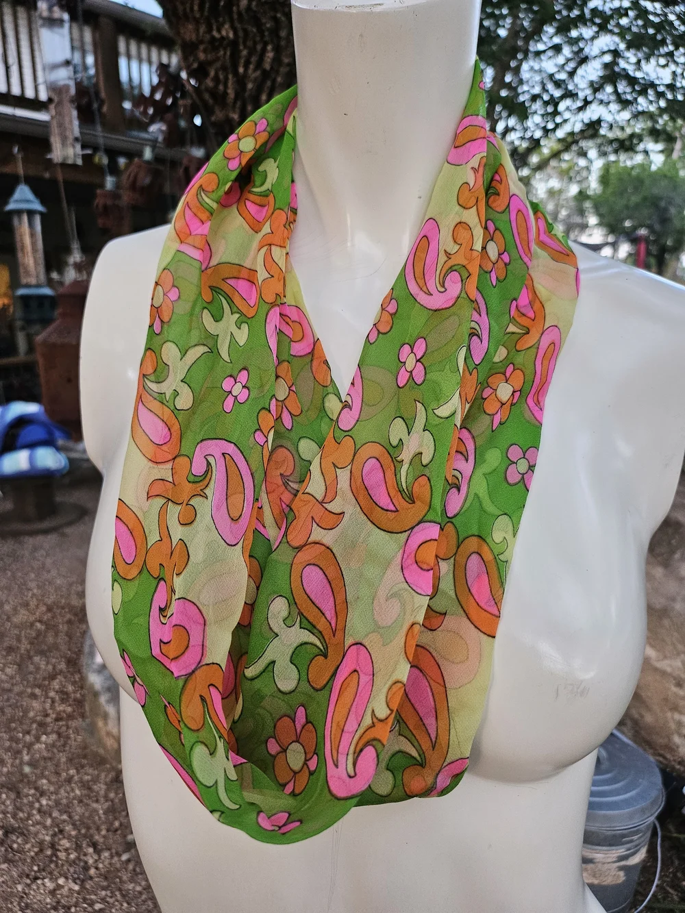 Vintage All Silk Made In Japan Retro Green Pink Floral Paisley Infinity Scarf